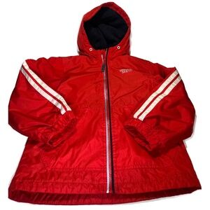 London Fog Kids Red Hooded Raincoat w/ White Stripes | Size 7